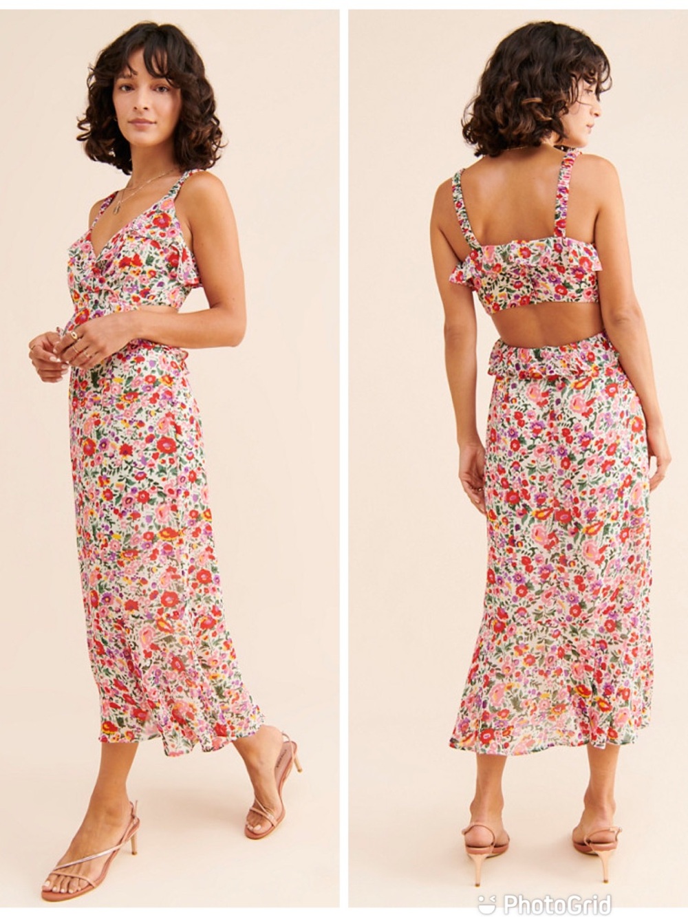 ASTR Wildflower Cutout Ruffle Midi Dress Small Pink Floral Chiffon Wedding Guest